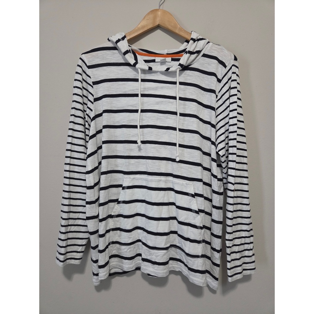 J. Jill Striped Long Sleeve Hoodie Navy White Cotton Tencel‎ Size L Petite